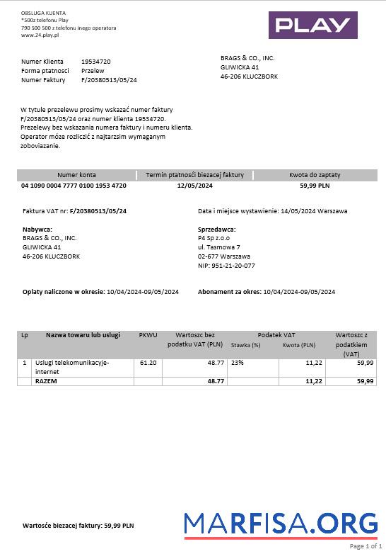 Downloadable Poland Play business utility bill template in Word and PDF formats